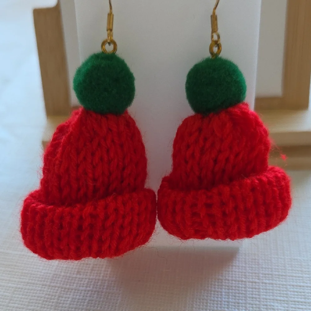 Red and Green Knit Hat Earrings